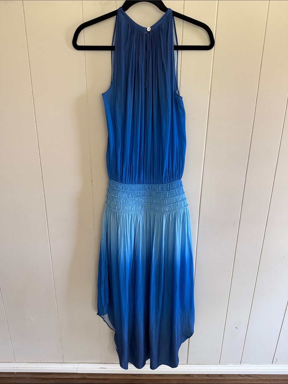 Ramy Brook New York Blue Ombre Pleated Midi Dress Halter Handkerchief Hem XS - Picture 3 of 16
